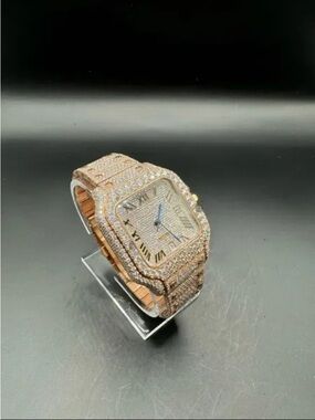 Pavé Crystal Rose Gold Square Dial Watch Cartier Moissanite